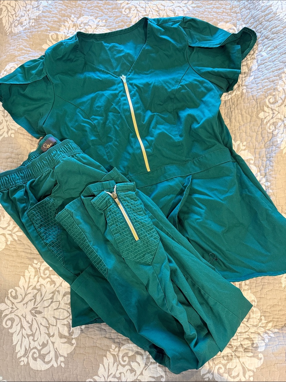 Jaanuu Teal Tulip Scrub Top & Cargo Pants Set with Front Zipper